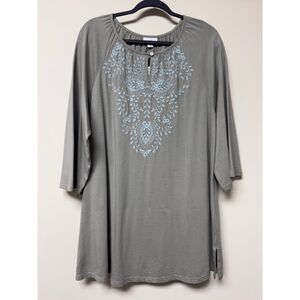 NWT - J. JILL Embroidered 3/4 Sleeve Tunic Blouse, Sage Green/Blue, Sz L